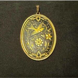 Oval Damascene Pendant with Flower and Bird Design
